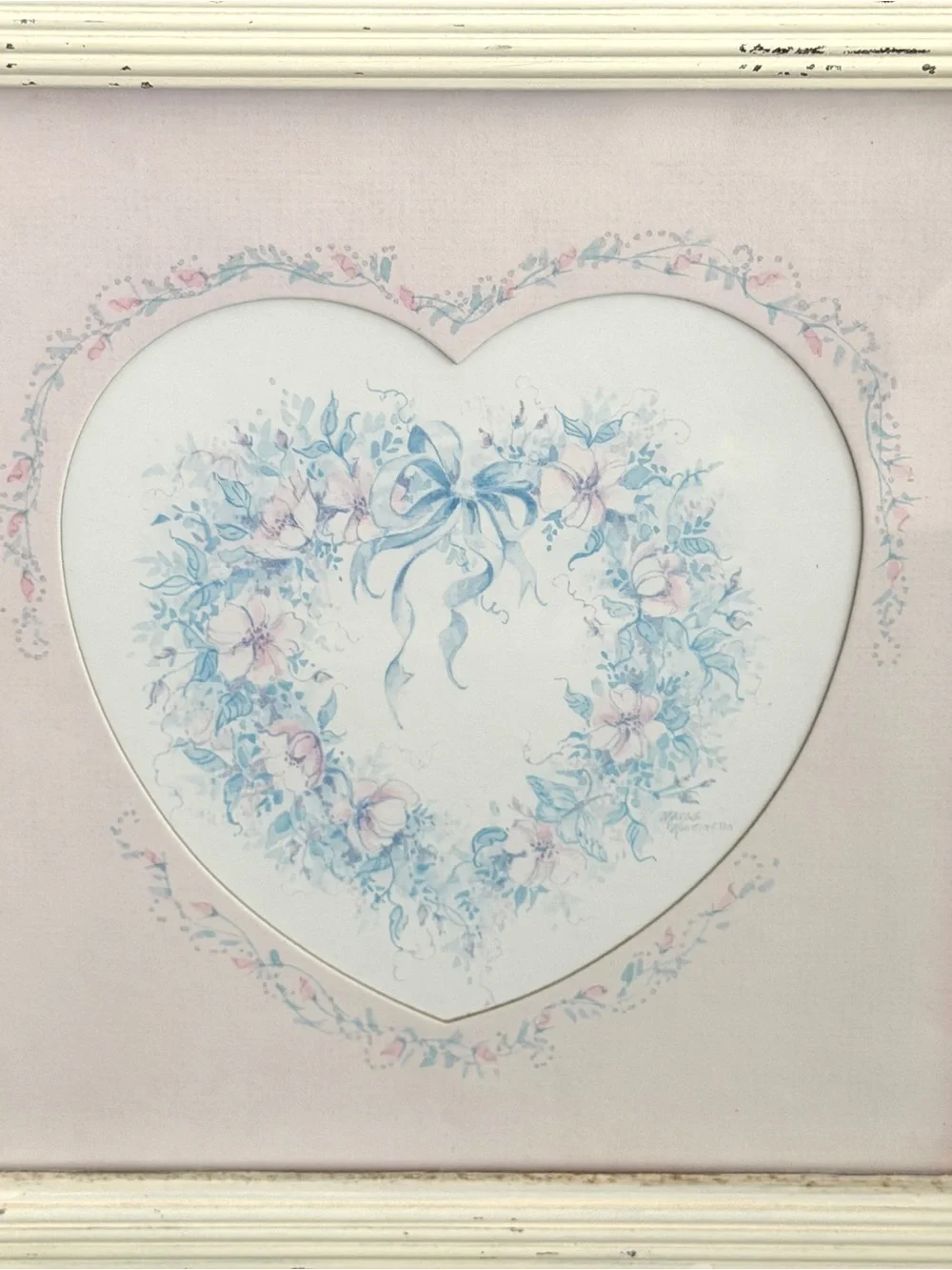 Vintage Cottagecore Framed Floral Heart Bow Wreath Print Shabby Chic Wall Art